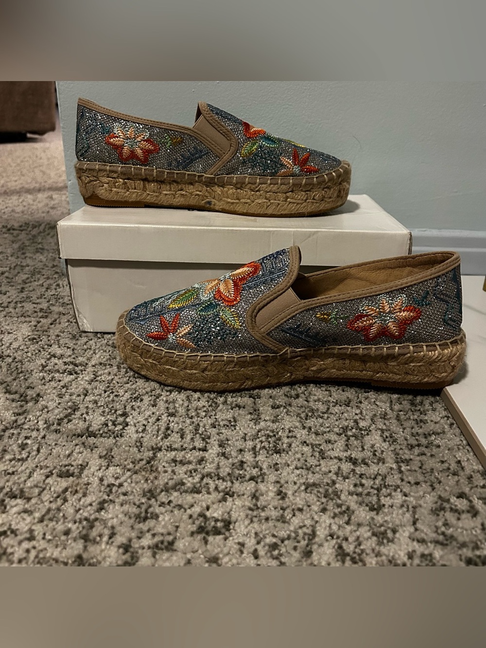 Johnny Was Metallic Floral Embroidered Elysia Espadrilles Platform Shoes Size 10